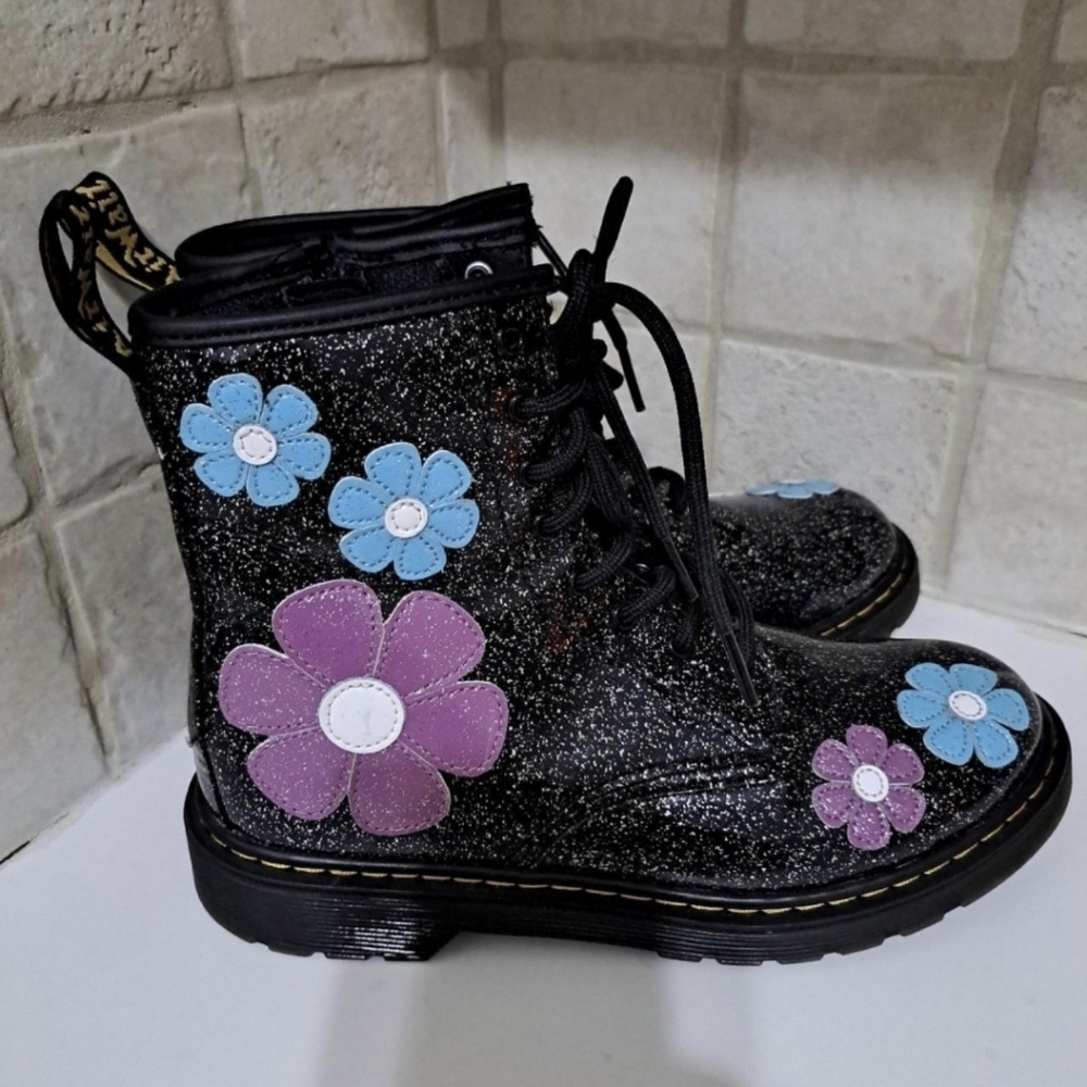 Dr. Martens Black Glitter Floral Combat Boots Size 6
